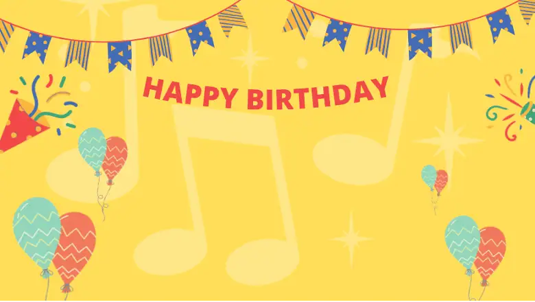 Colorful birthday celebration with balloons, music notes, and "Happy Birthday" banner.
