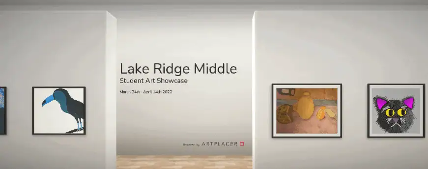 Lake Ridge Middle student art showcase display with various artwork on the wall.