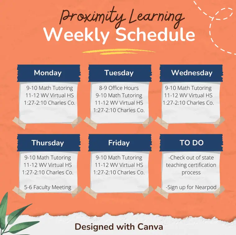 Proximity Learning weekly schedule with virtual classes and tutoring sessions.