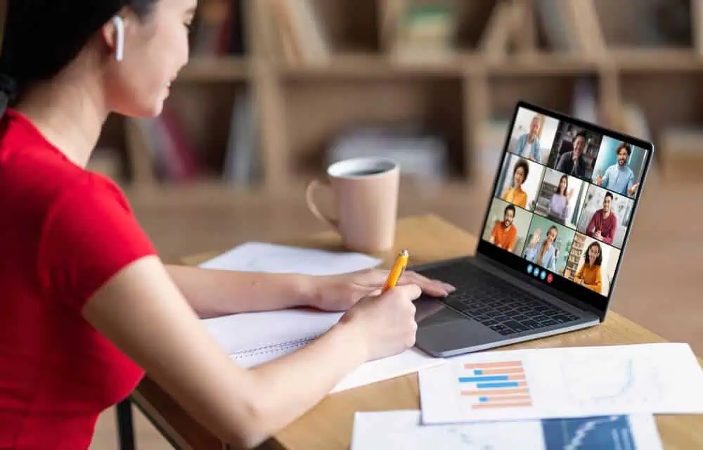 Virtual classroom session with diverse students via online video conference.