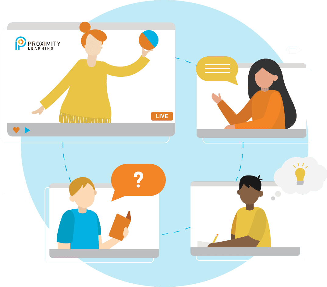 Virtual classroom session with teacher and students for online education.