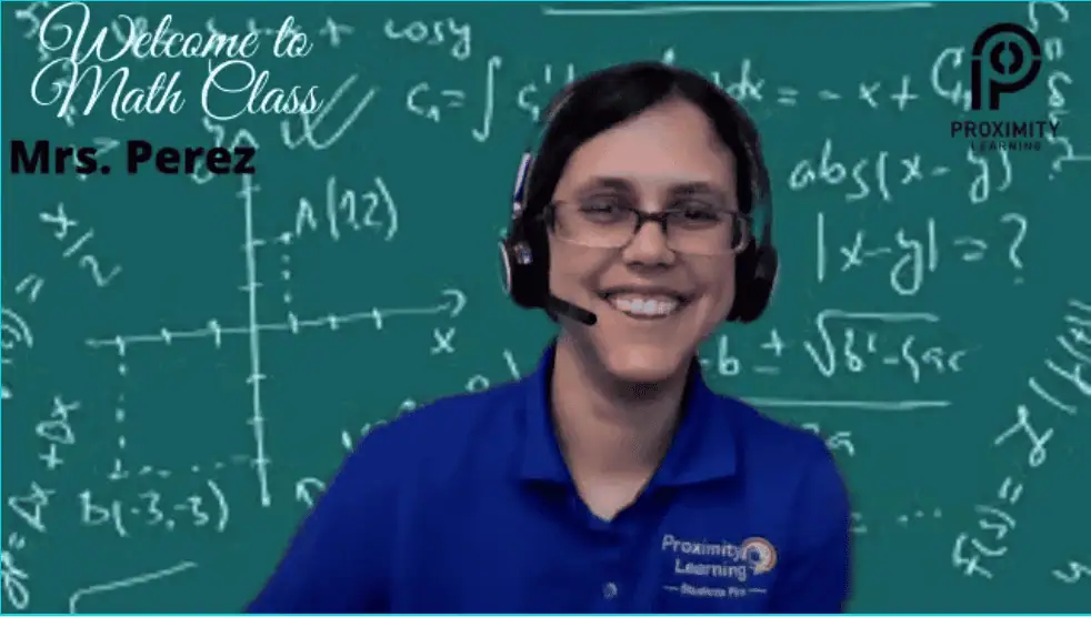 Online math class featuring Mrs. Perez using headset and digital chalkboard.