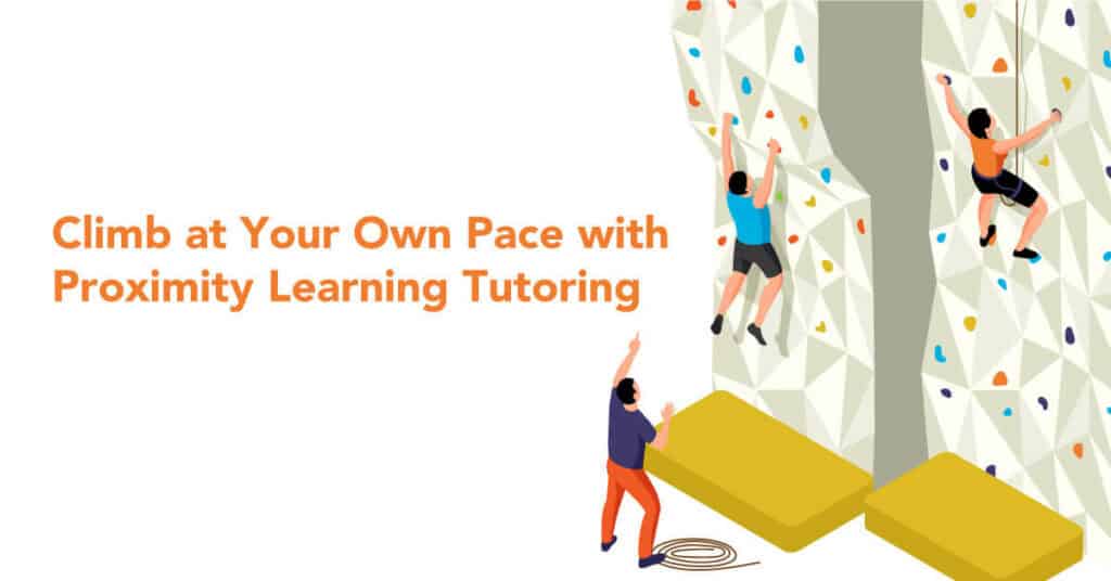 Students climbing an indoor rock wall with instructor support, promoting remote learning and skill d.