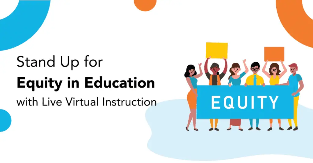 Virtual classroom promoting equity in education with diverse students holding a banner.