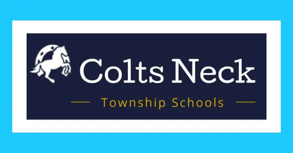 White and Navy Colts Neck Township Schools logo with a horse and horseshoe.