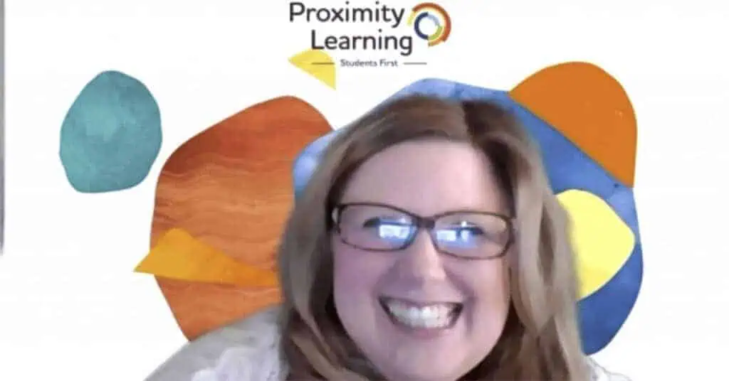 Proximity Learning logo with smiling woman in front, online education focus.