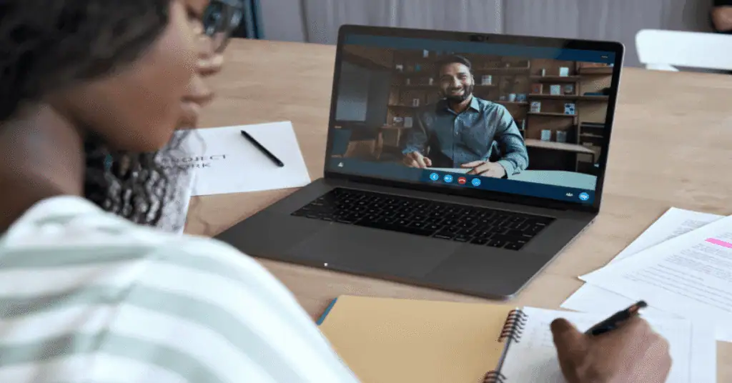 Virtual classroom session with a teacher via video call for remote learning.
