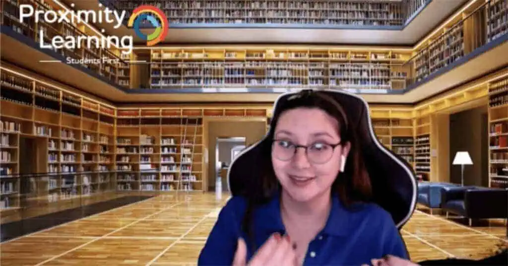 Virtual teacher engaging students in a digital classroom setting.