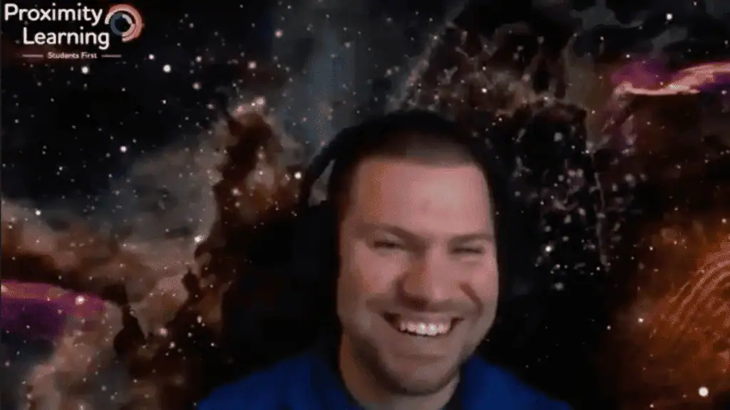 Proximity Learning online teaching session with a smiling instructor in space-themed background.