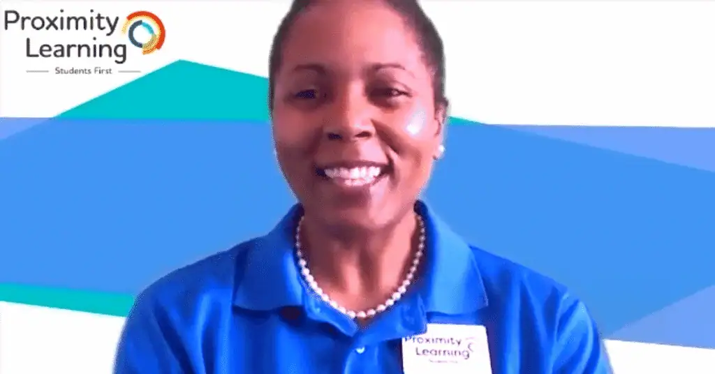 Proximity Learning online education platform with a smiling instructor in a virtual classroom.