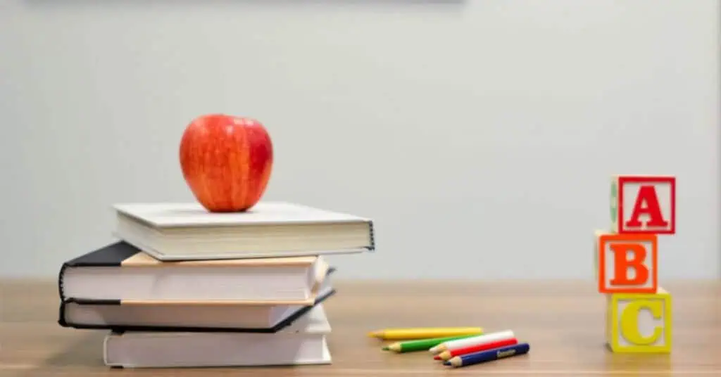 Proximity Learning educational setup with books, apple, and ABC blocks for classroom learning.