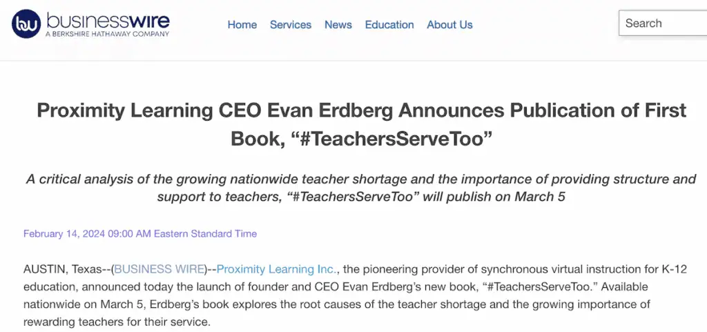 Evan Erdberg, CEO of Proximity Learning, announces the release of his first book, "#TeachersServeToo.