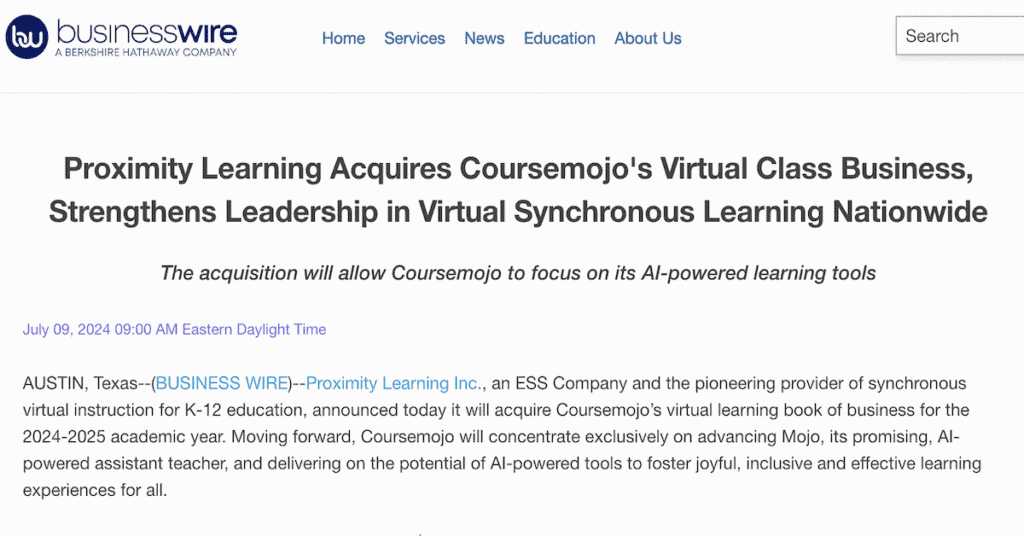 Business wire press release for Coursemojo acquisition
