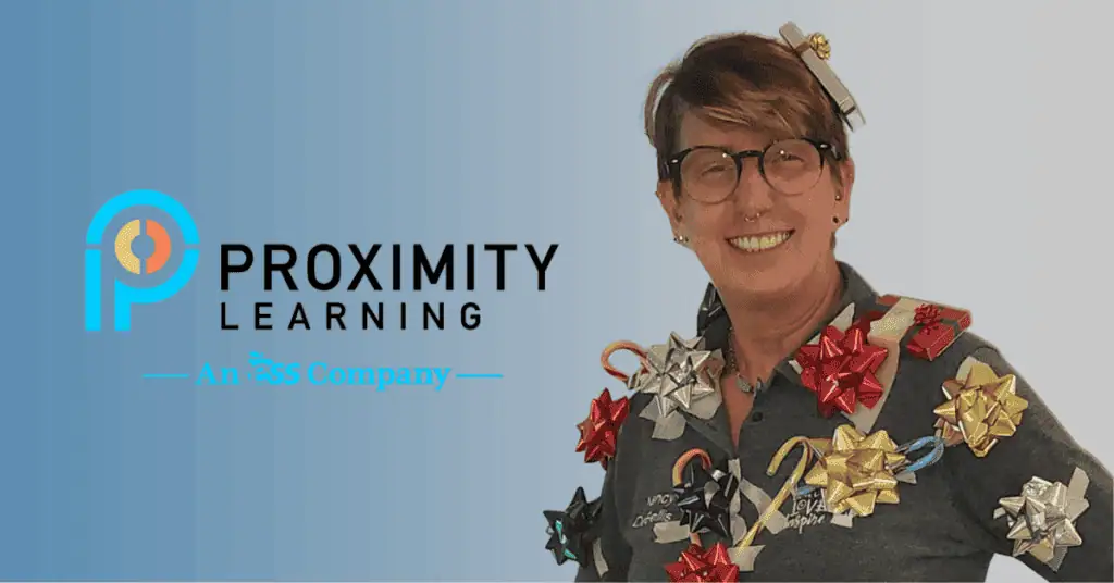 Proximity Learning virtual teacher Nancy DeBellis smiling in a festive outfit decorated with bows and candy canes