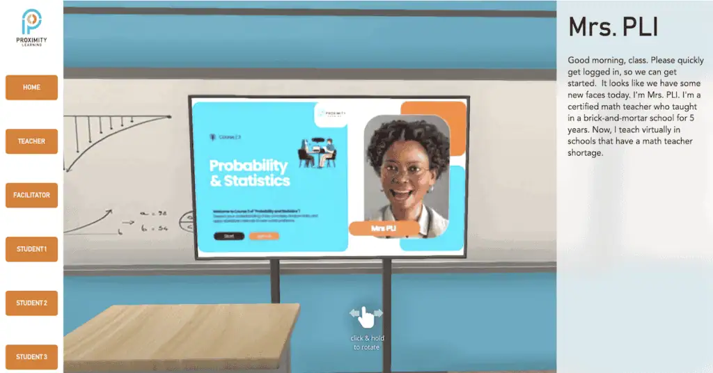 A 3D Demo of Proximity Learning’s livestream teacher service shows a certified teacher leading class on screen while students sit in the classroom monitored by a facilitator.