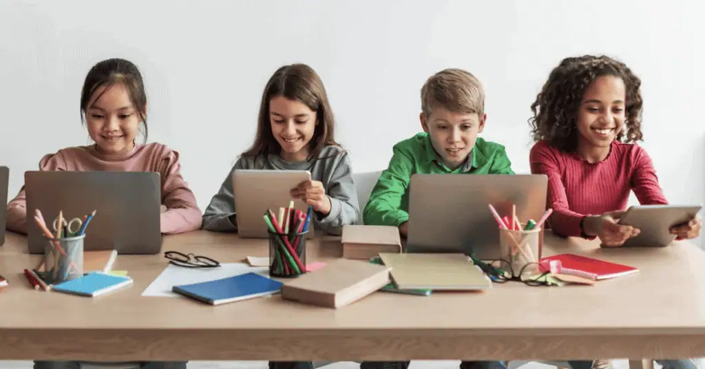 Students engage with live virtual teachers in the classroom.