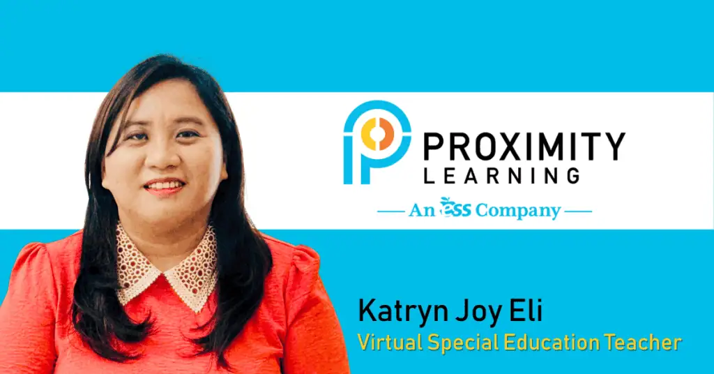 A Proximity Learning teacher wearing a coral blouse smiles. To the right is the Proximity Learning logo