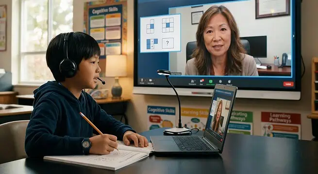 Student engaging in online learning with a teacher via video call.