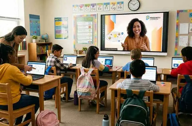 Students engaging in a virtual classroom with a teacher on a large screen.