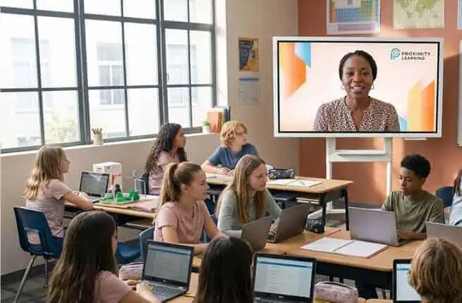 Students engaging in a virtual classroom with a teacher via Proximity Learning platform.