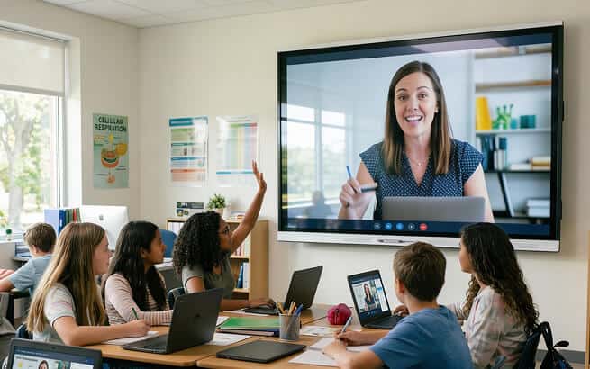 Students engaging in a virtual classroom with a teacher via video conference.