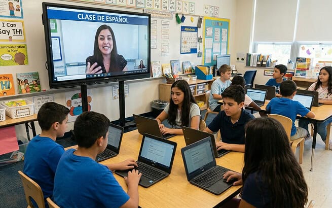 Students using laptops in a classroom during a remote Spanish class session.