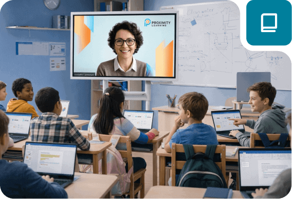Students engaging in a virtual classroom with Proximity Learning technology.