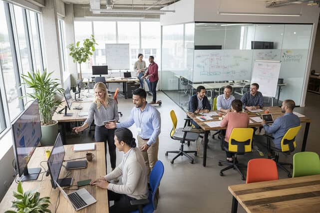 Diverse team collaborating in a modern office with computers and whiteboards.
