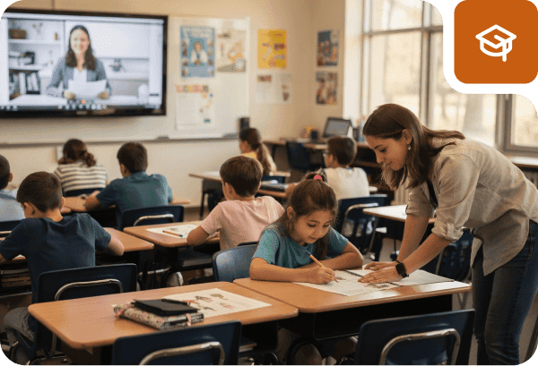 Virtual classroom with teacher and students engaging in remote learning.