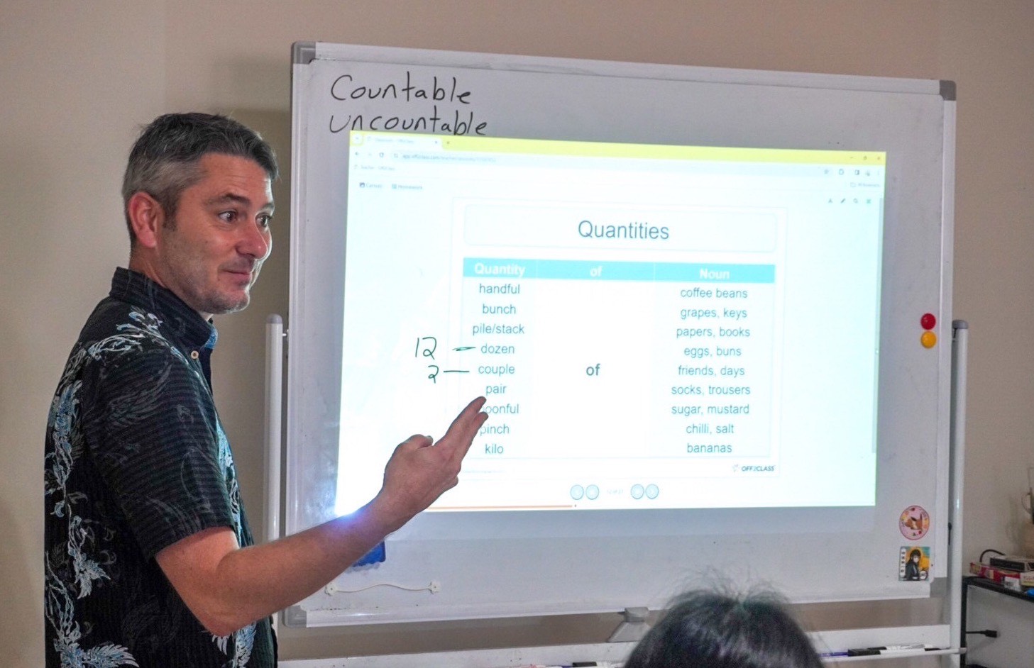 in person teacher points to white board