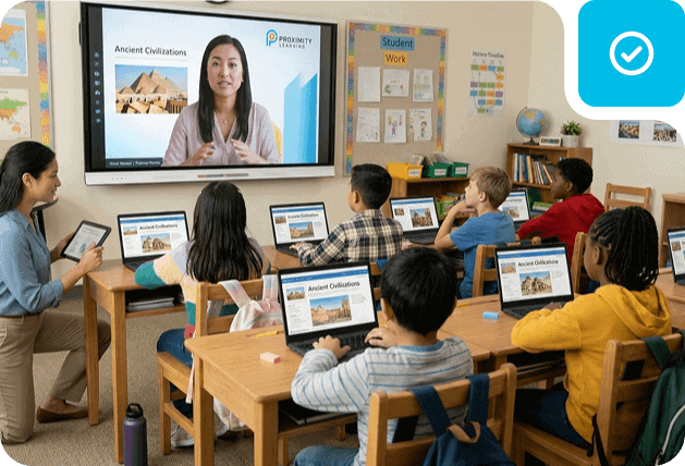 Proximity Learning online classroom with students engaging in digital learning using tablets.