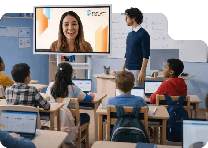 Students engaging in remote learning with Proximity Learning virtual classroom technology.