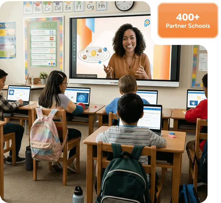 Virtual classroom with students using laptops and a teacher on a large screen.