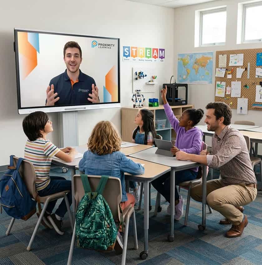 Students engaging in a virtual classroom with Proximity Learning technology.