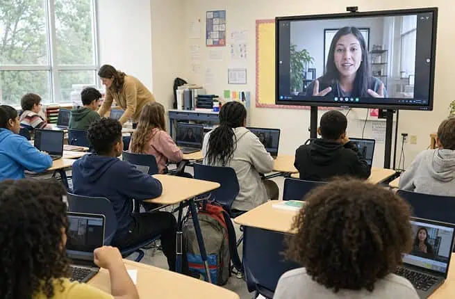 Students engaging in remote learning with a teacher via video conference in classroom.