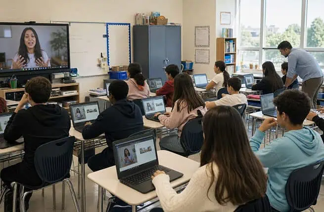 Students in classroom engaging with virtual teacher via laptops and large screen.