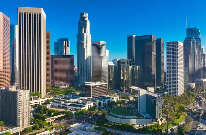 Downtown Los Angeles skyline with skyscrapers and modern buildings.