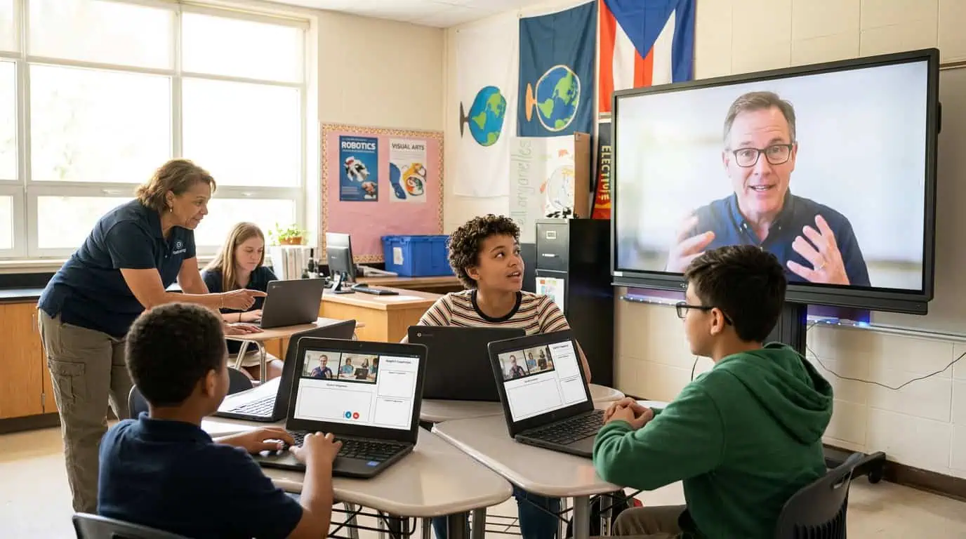 Students engaging in a virtual classroom with a teacher on a large screen.