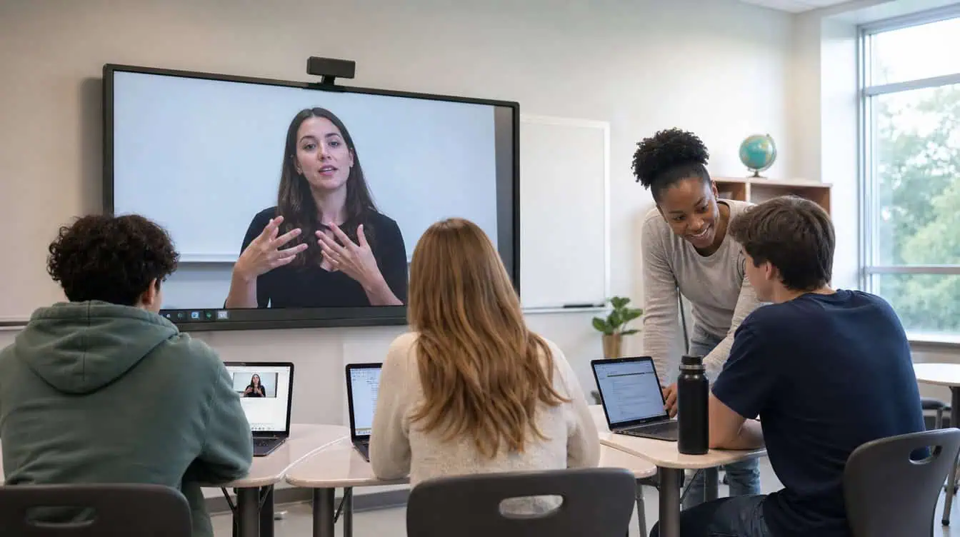 Teacher facilitating a virtual class with students using tablets and a large screen.
