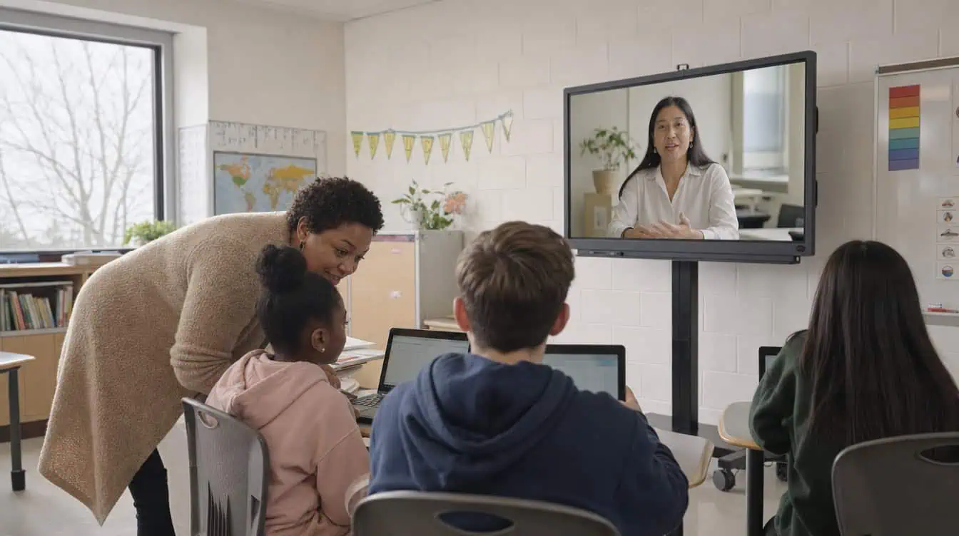Teacher conducting a livestream class with students in a modern classroom.